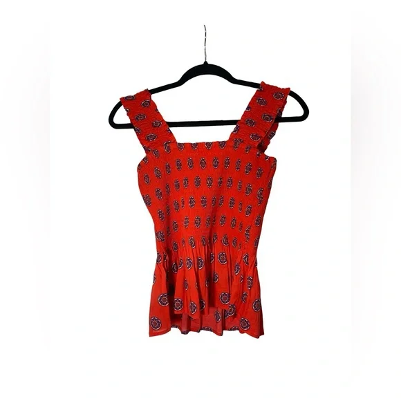 Anthropologie Maeve Red Medallion Smocked Peplum Tank Top cotton blend size S - Picture 5 of 6